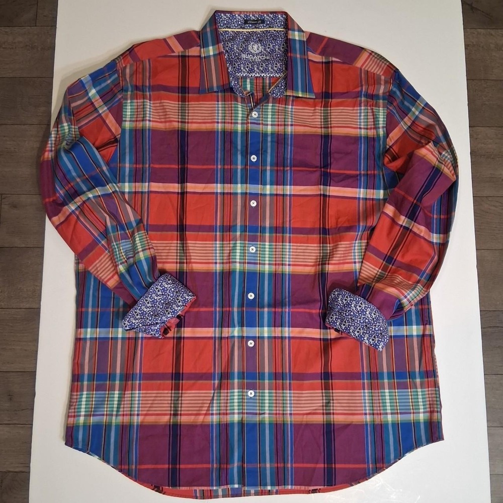 Beautiful Mens plaid shirt casual business bright colors with blue floral cuffs